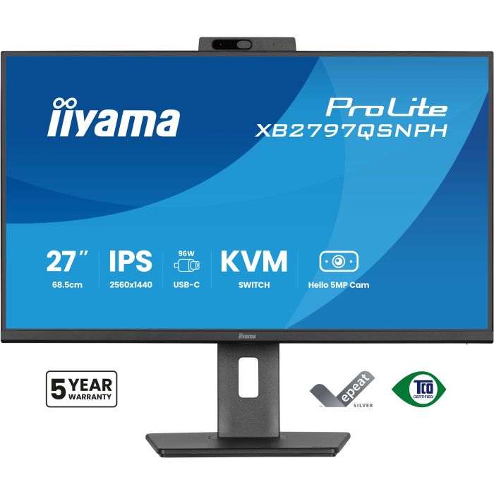 iiyama Monitor ProLite XB2797QSNPH-B1 27" IPS-panel, 2560x1440 75Hz1ms, 350cd/m², EyeComfort, USB-C Dock, Webcam 5MP,KVM LAN, HDMI, DP