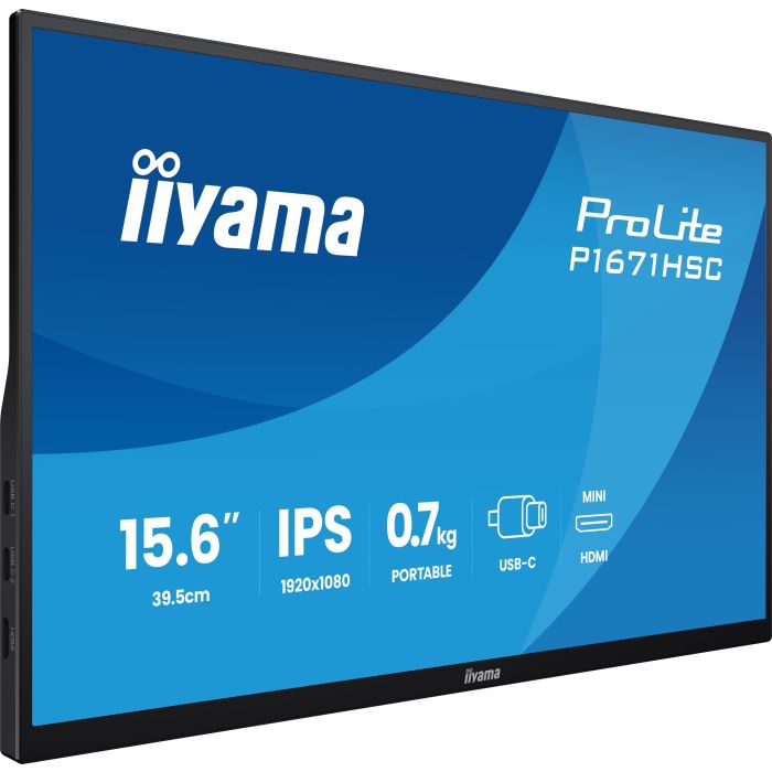 iiyama Portable monitor P1671HSC-B1 15,6", 1920x1080, 250cd/m², 2x USB-C, mHDMI, Speakers, leather cover / stand