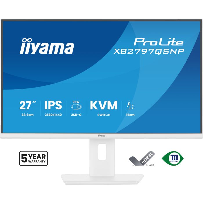 iiyama Monitor ProLite XB2797QSNP-W1 27" WH IPS-panel, 2560x1440 75Hz1ms, 350cd/m², EyeComfort, USB-C Dock, KVM LAN, HDMI, DP