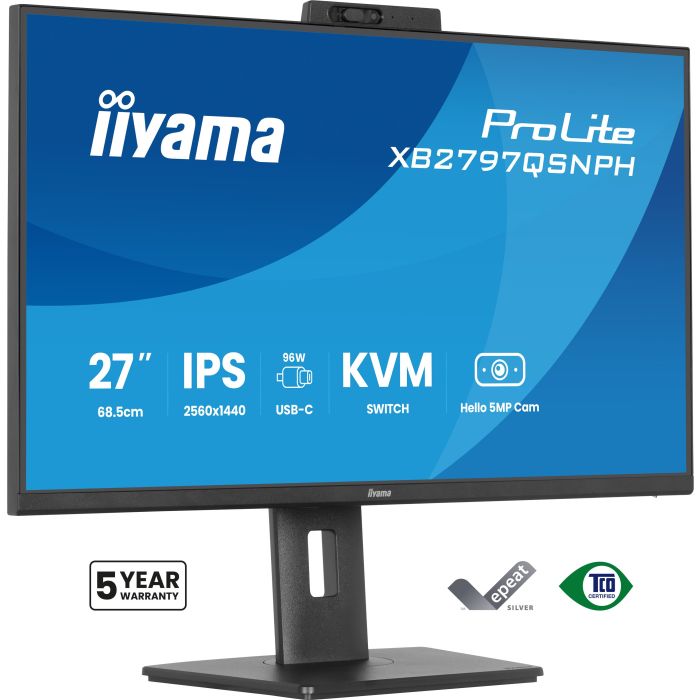 iiyama Monitor ProLite XB2797QSNPH-B1 27" IPS-panel, 2560x1440 75Hz1ms, 350cd/m², EyeComfort, USB-C Dock, Webcam 5MP,KVM LAN, HDMI, DP