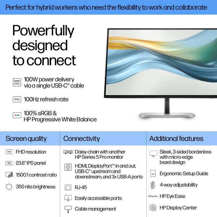HP S5 PRO 524PU 23.8 FHD 16:9 1920X1080 IPS 350CD 1500:1 USB-C DP HDMI 3/3/0