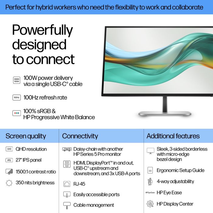 HP S5 PRO 527PU 27 QHD 16:9 2560X1440 IPS 350CD 1500:1 USB-C DP HDMI 3/3/0