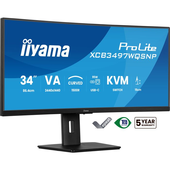 iiyama Monitor ProLite XCB3497WQSNP-B1 34" UW Curved VA-panel, 3440x1440 120Hz0,4ms, 350cd/m², USB-C Dock, 2xHDMI, DP, Adaptive Sync
