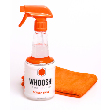 Whoosh Screen Shine Pro 500ml Box - spray do czyszczenia ekranów 500ml do wielokrotnego uzupełniania oraz antybakteryjna ściereczka z mikrofibry 35x35 cm