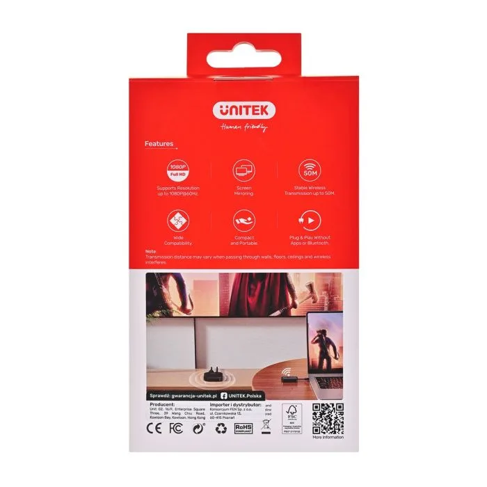 UNITEK BEZPRZEWODOWY NADAJNIK HDMI DO 50M, USB-C, CZARNY