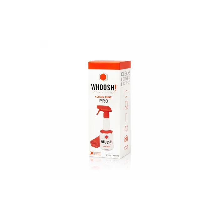 Whoosh Screen Shine Pro 500ml Box - spray do czyszczenia ekranów 500ml do wielokrotnego uzupełniania oraz antybakteryjna ściereczka z mikrofibry 35x35 cm