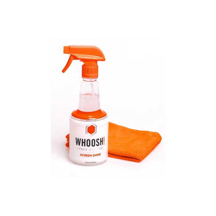 Whoosh Screen Shine Pro 500ml Box - spray do czyszczenia ekranów 500ml do wielokrotnego uzupełniania oraz antybakteryjna ściereczka z mikrofibry 35x35 cm