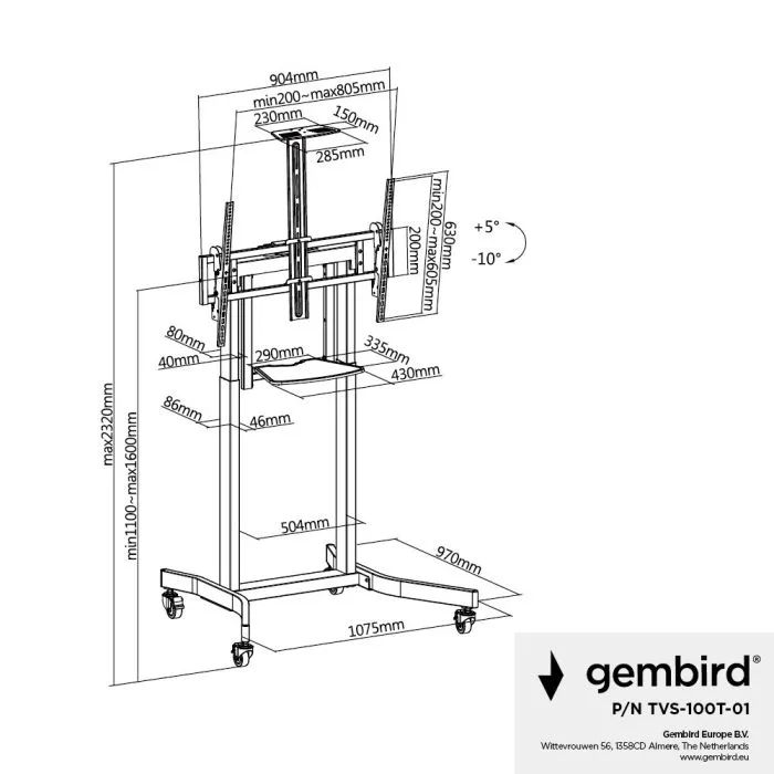 GEMBIRD STOJAK POD TELEWIZOR REGULACJĄ WYSOKOŚCI MOBILNY, NA KÓŁKACH, 55"-100"