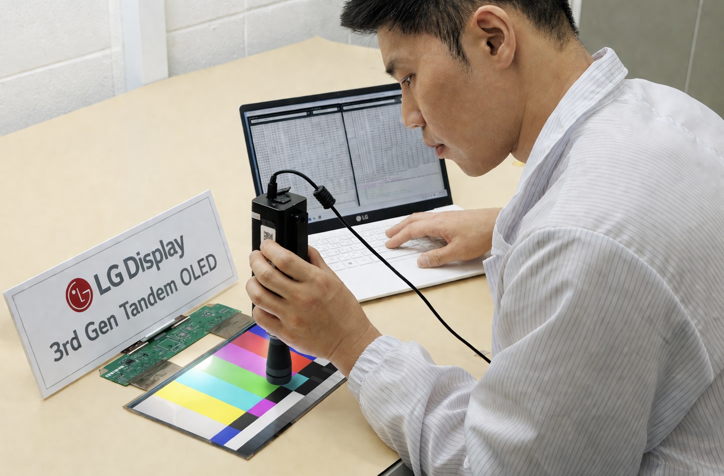 LG Display laboratory photograph accompanying its SID announcement: a technician measures a third-generation Tandem OLED sample, not the 27-inch 5K prototype.