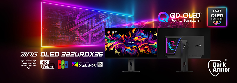 MSI MPG OLED 322URDX36 front and rear views with its original triple-mode and certification labels.