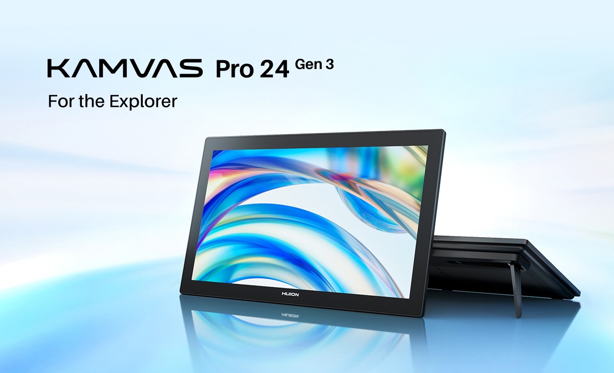 Front and rear views of Huion Kamvas Pro 24 Gen 3 with its adjustable stand in the original launch artwork.