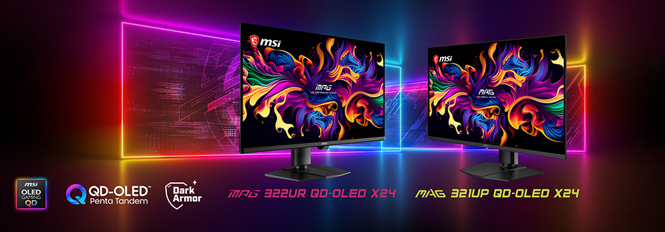 MSI MPG 322UR QD-OLED X24 and MAG 321UP QD-OLED X24 side by side in the original announcement graphic.