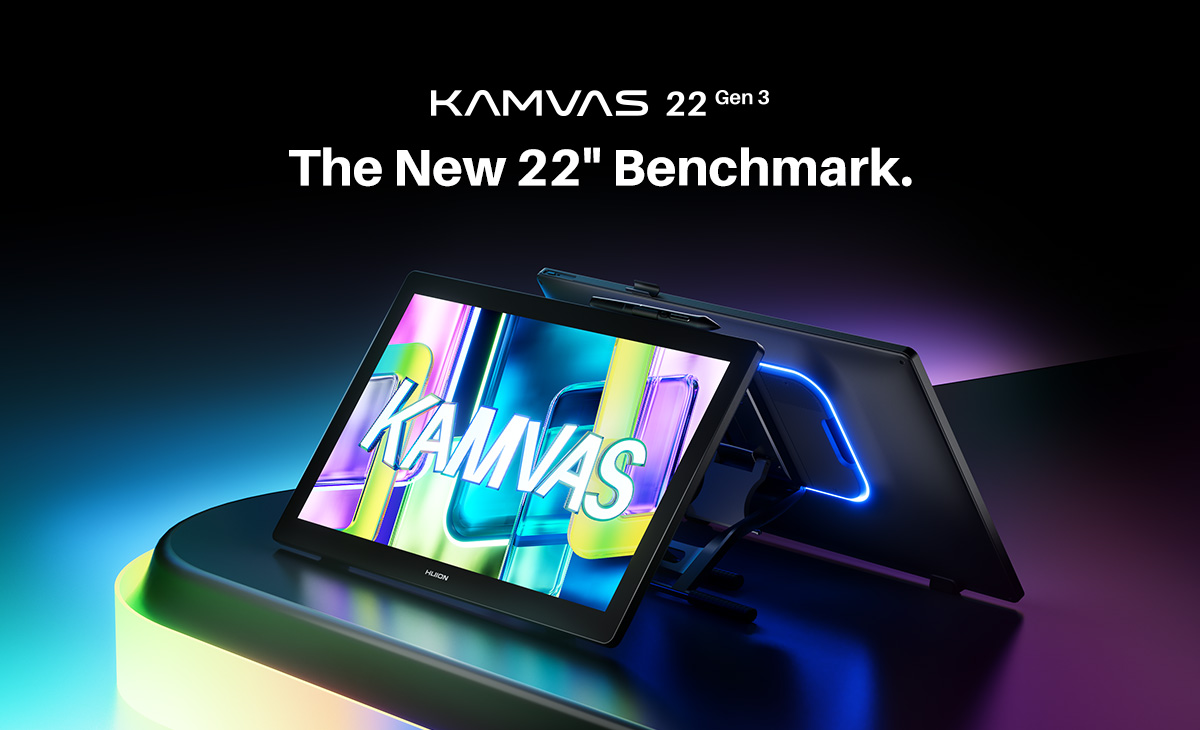 Huion Kamvas 22 Gen 3 shown from front and rear with its stylus and coloured ambient lighting.