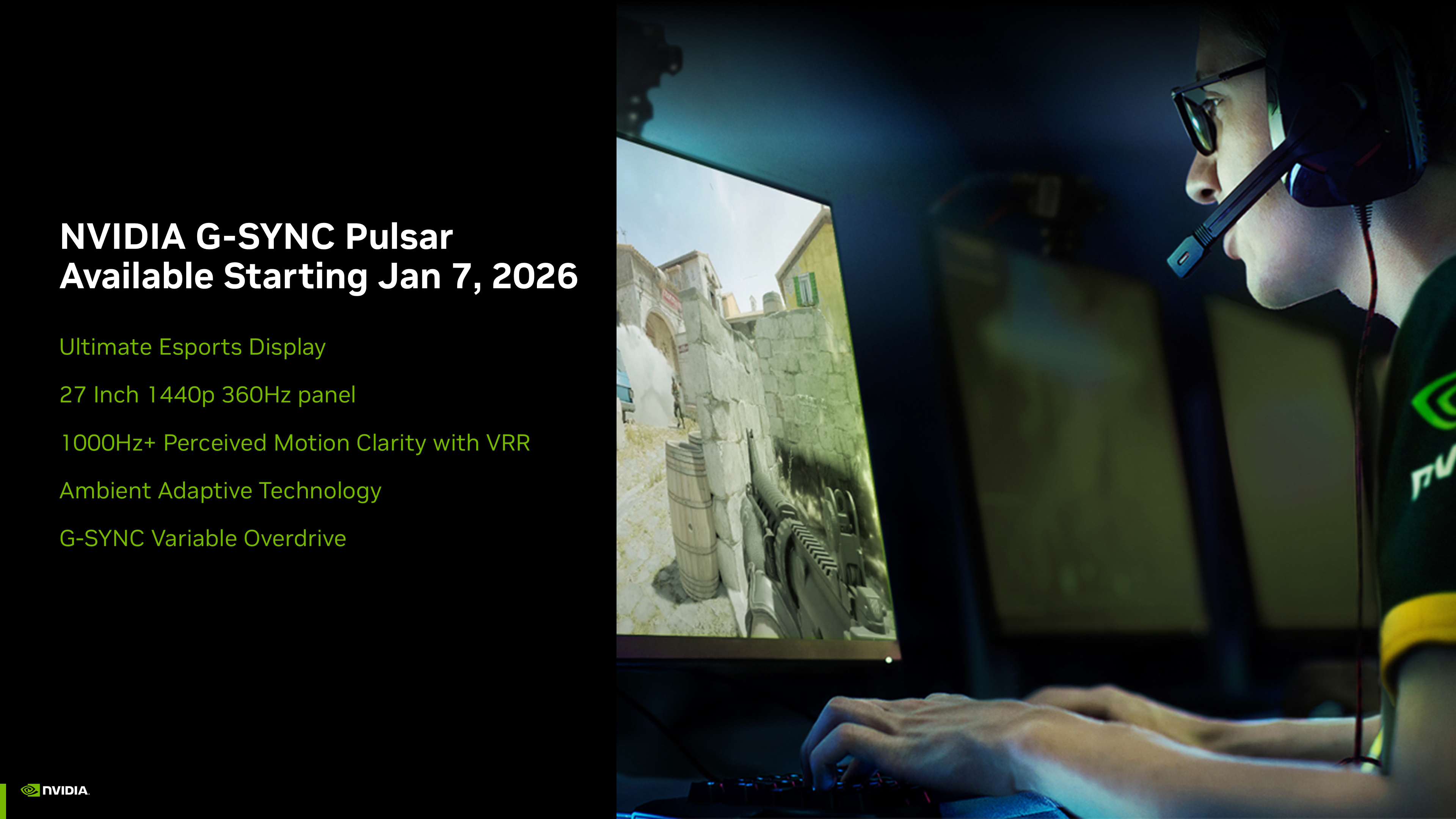 NVIDIA launch graphic for 27-inch 1440p 360Hz G-SYNC Pulsar monitors, dated 7 January 2026.