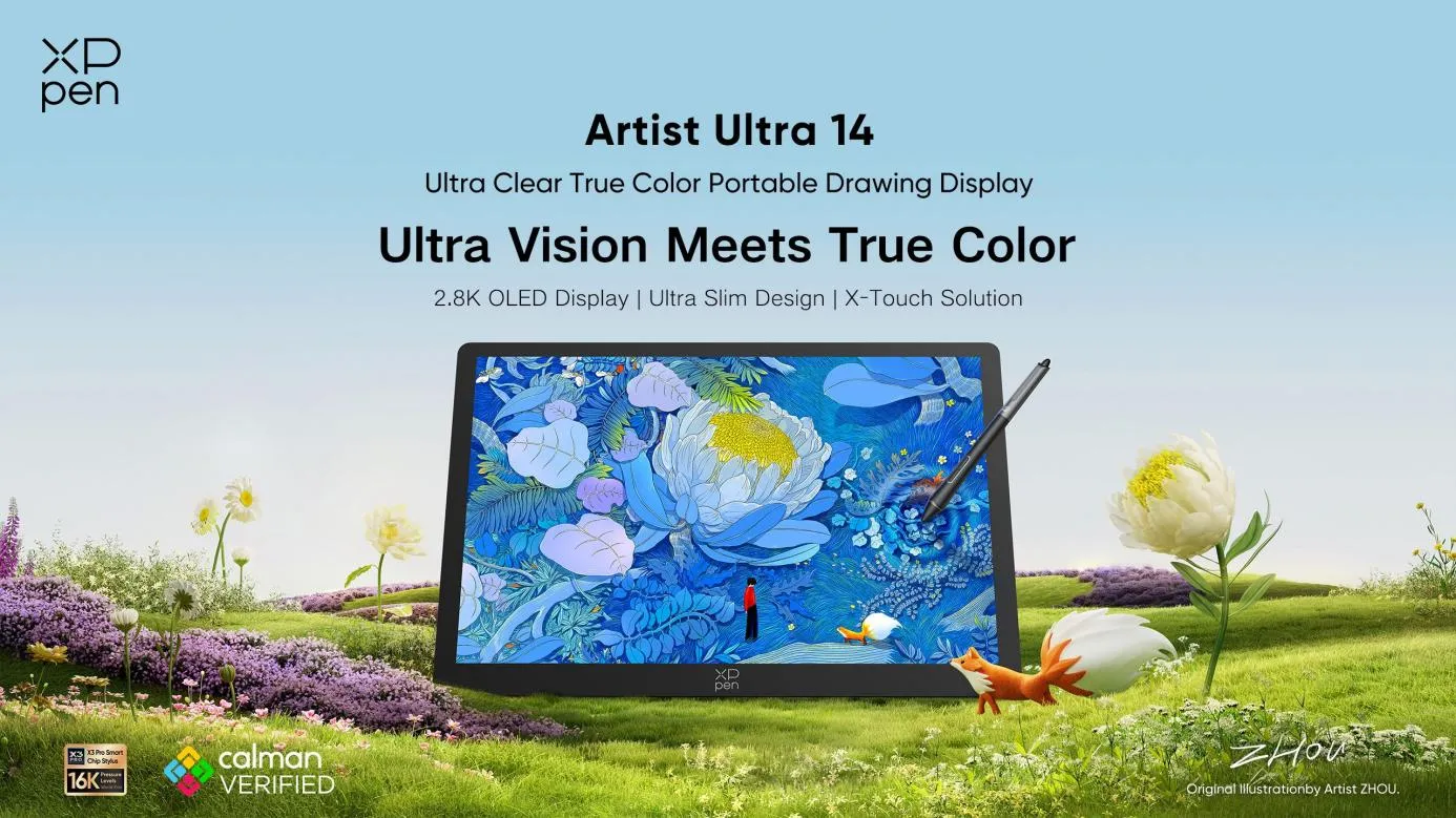 Artist Ultra 14 OLED drawing display in XPPen launch artwork, with the original illustration credit to ZHOU visible.