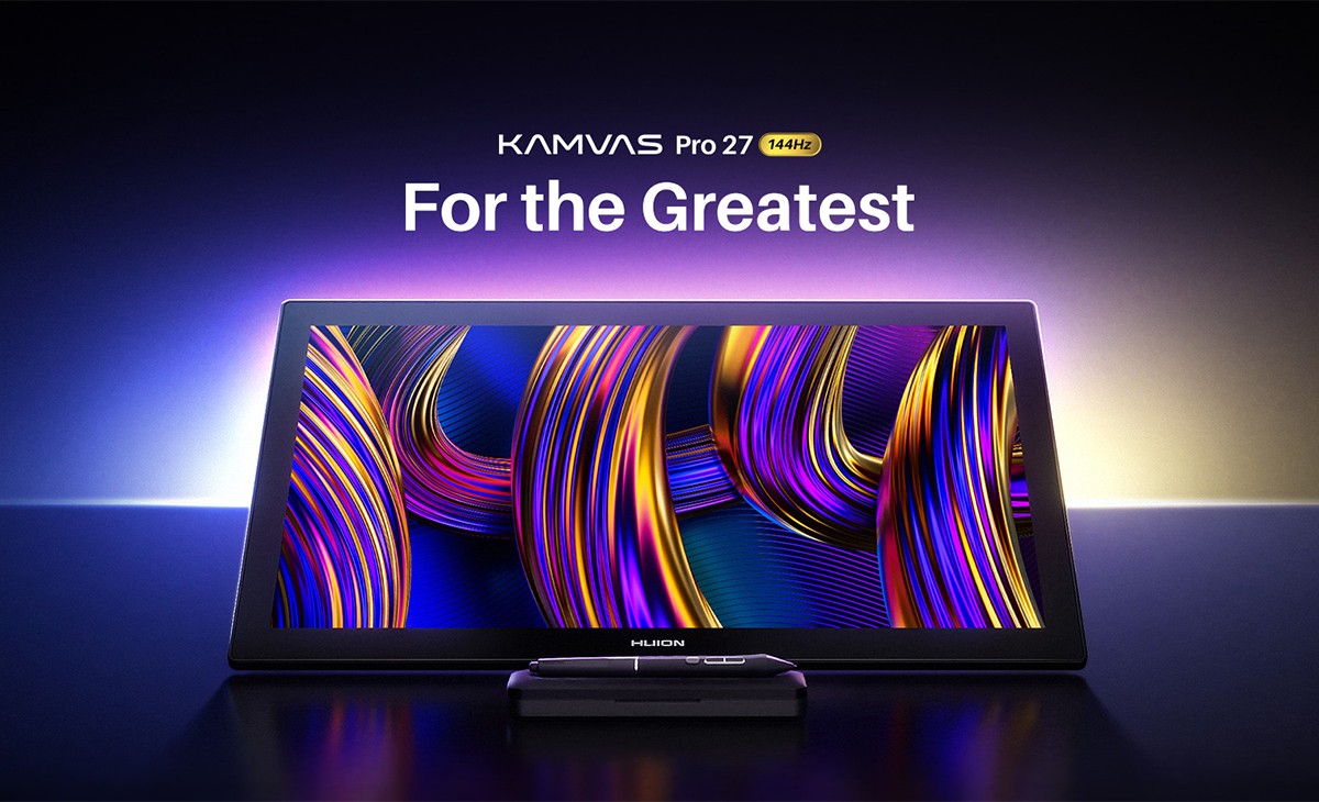 Huion Kamvas Pro 27 144Hz drawing display with stylus and colourful abstract artwork, retaining the manufacturer’s launch caption.