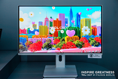 TCL CSOT’s 27-inch inkjet OLED demonstration displays a colourful miniature city, with the original IFA 2026 branding retained.