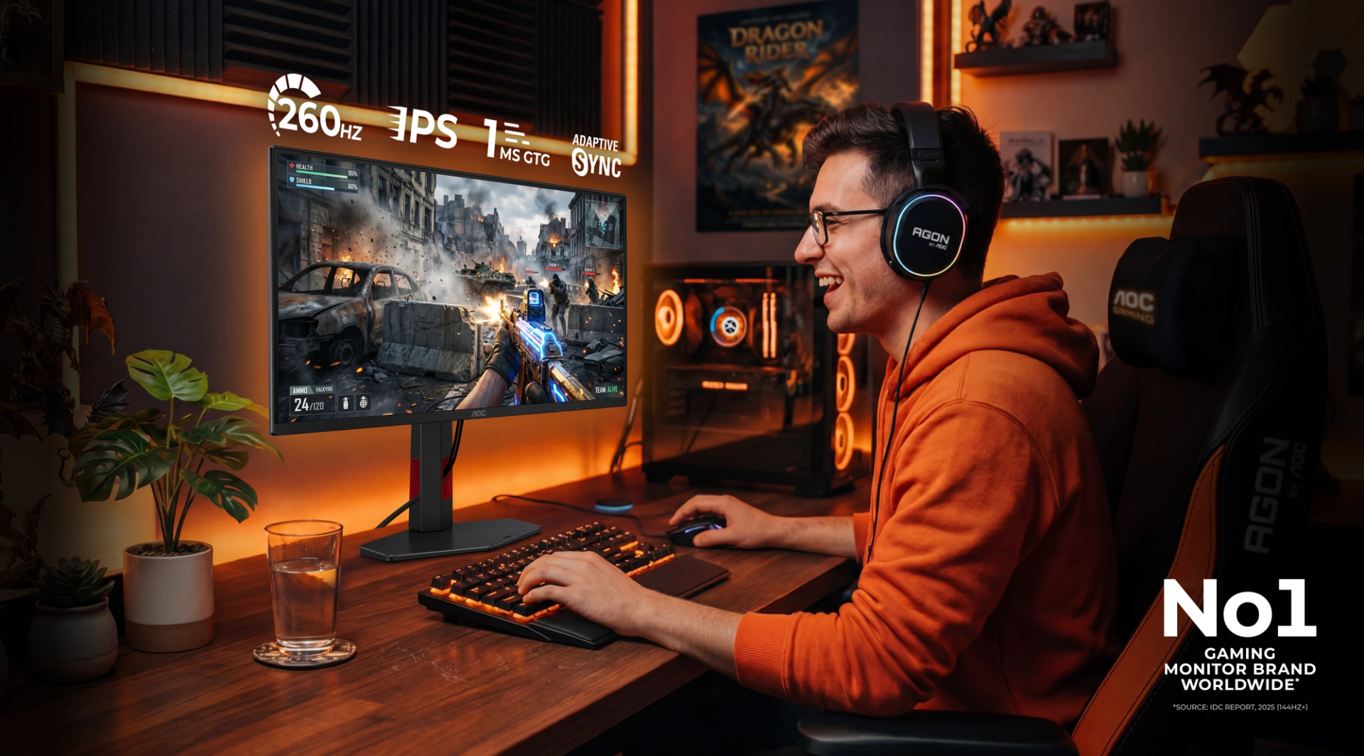 Monitor AOC 25G4ZR na stanowisku gracza; oryginalna grafika z oznaczeniem 260 Hz.