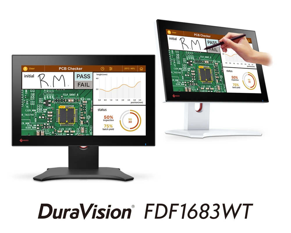 EIZO DuraVision FDF1683WT in black and white, showing a stylus-based industrial inspection interface.