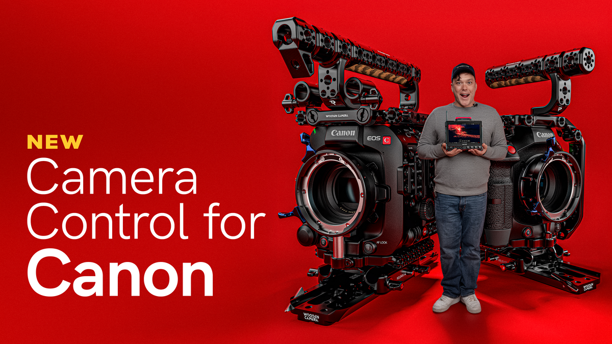 SmallHD’s Camera Control for Canon illustration showing two Canon cinema cameras and a presenter holding a monitor.