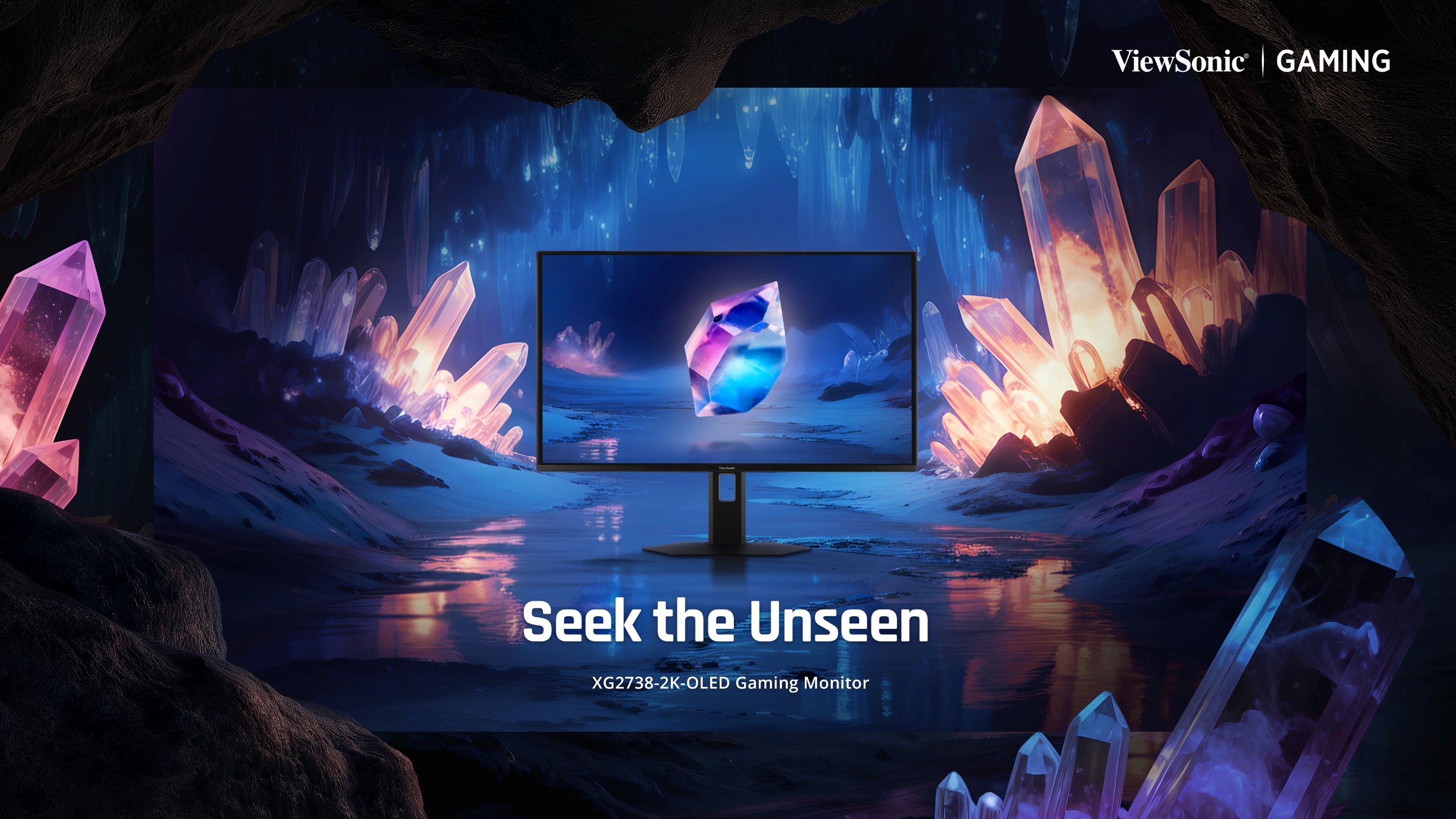 ViewSonic XG2738-2K-OLED monitor in promotional artwork with a fantasy landscape