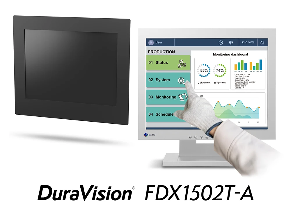EIZO DuraVision FDX1502T-A in panel-mount and desktop configurations, with a gloved hand operating the screen.