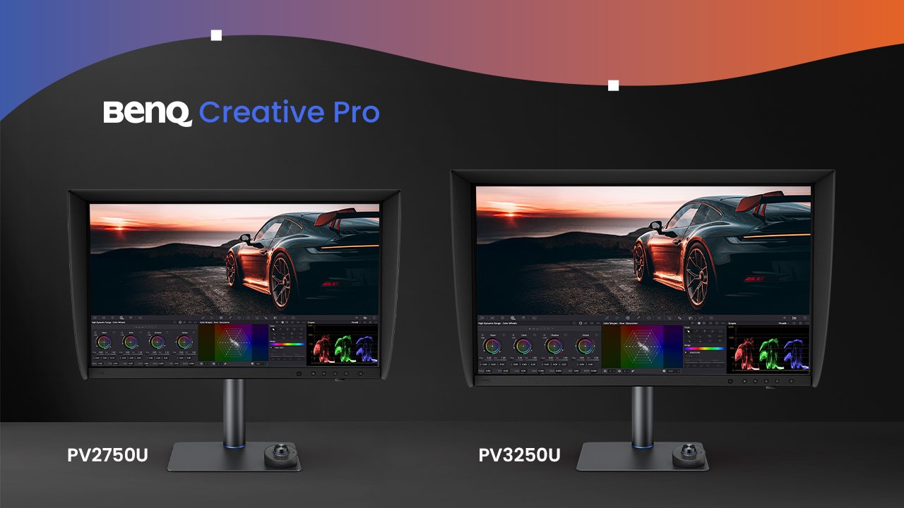 BenQ PV2750U i PV3250U z osłonami, pokazujące interfejs korekcji kolorów i scenę z samochodem