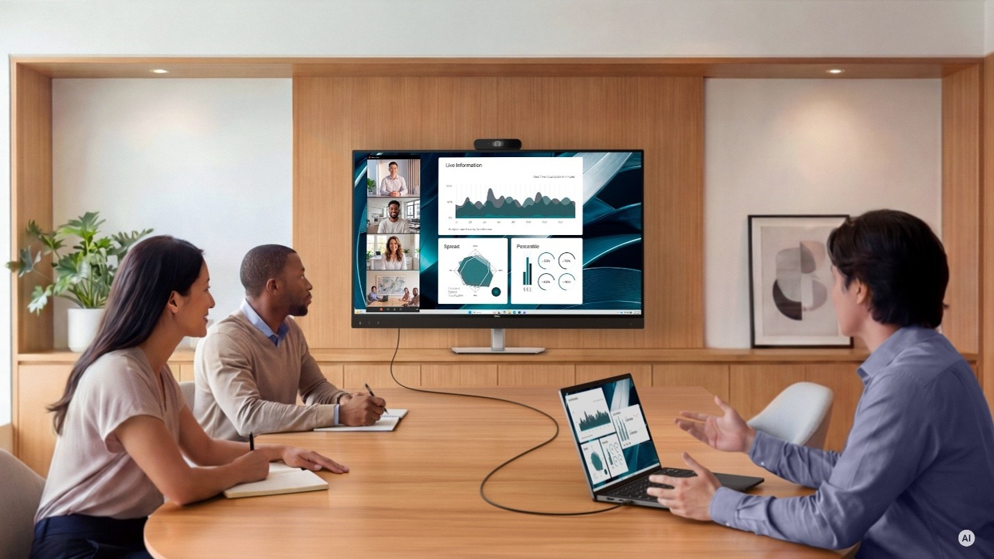 Dell P4326QEB conferencing display in a small meeting room