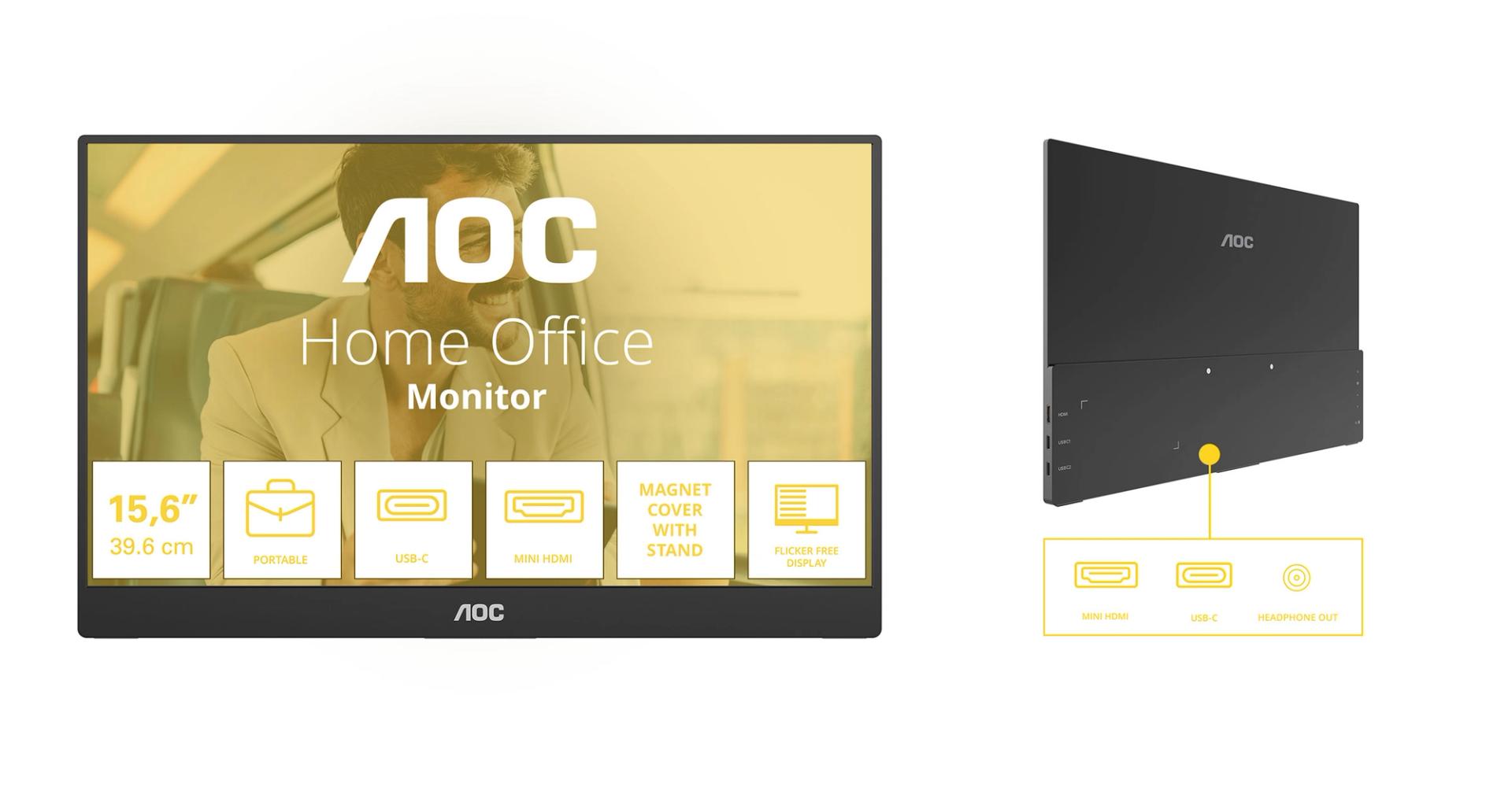 AOC 16T20E2 portable monitor with a diagram of its USB-C, Mini HDMI and headphone connections