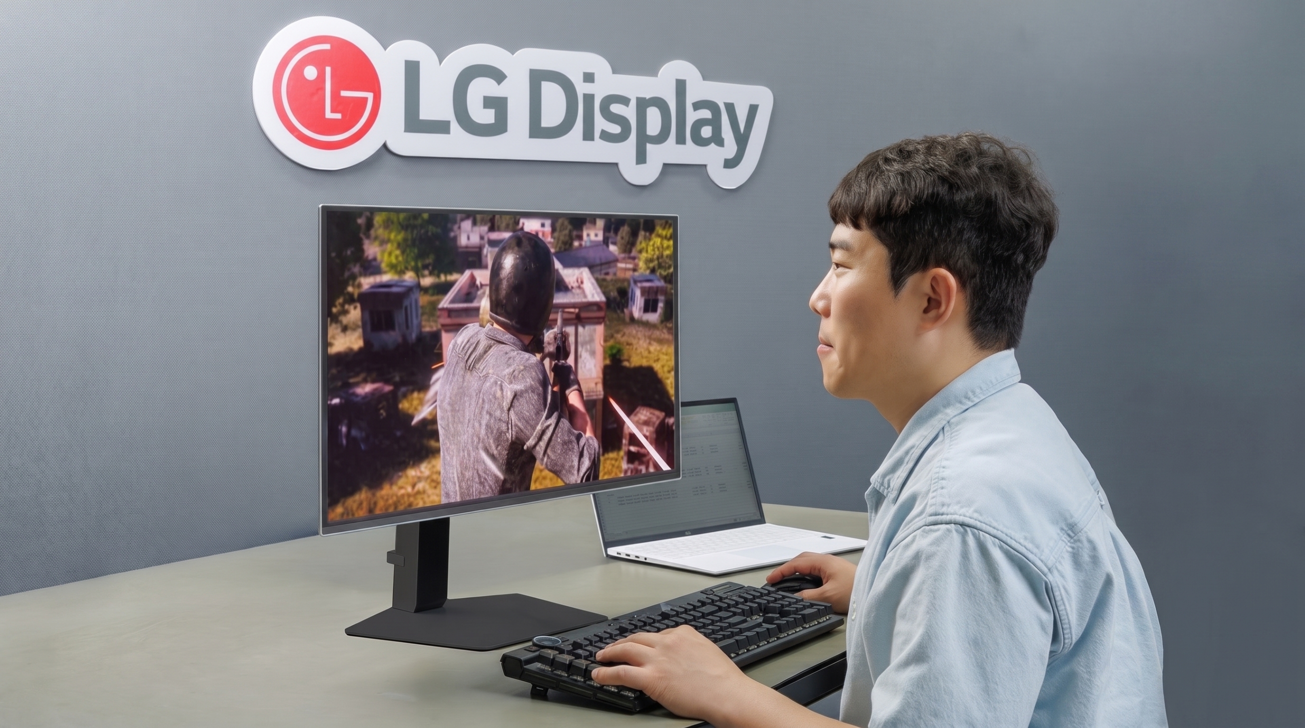 LG Display press photograph illustrating an FPS gaming session on an OLED monitor.