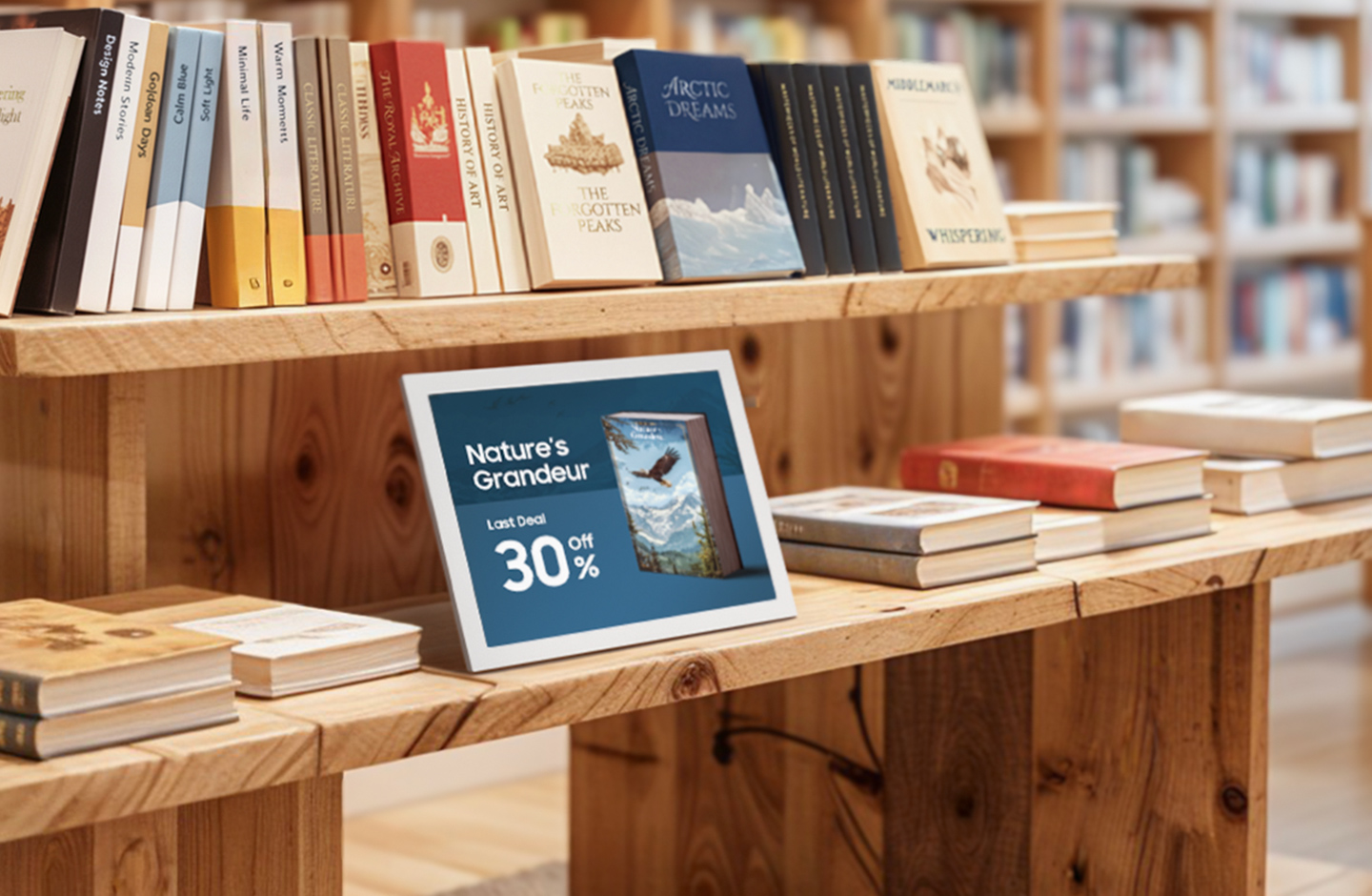 Samsung promotional photograph of a 13-inch Color E-Paper display standing beside books in a shop.