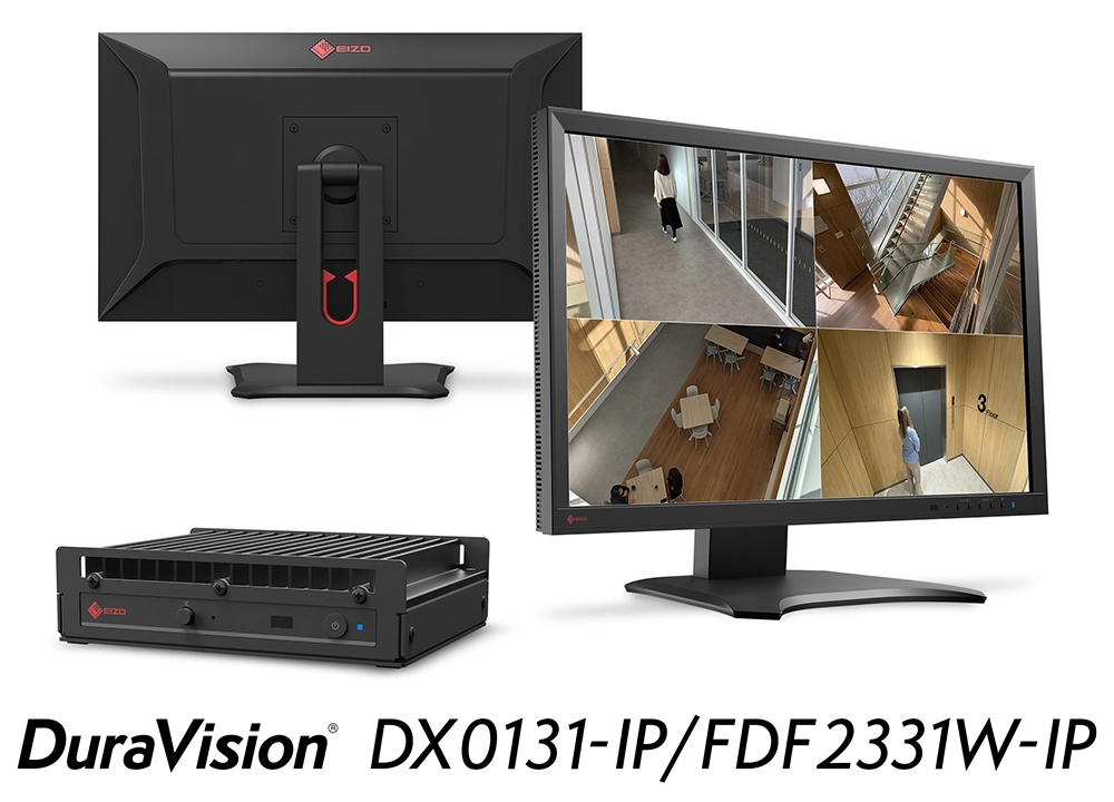 EIZO DX0131-IP decoding box and FDF2331W-IP monitor showing a multi-camera surveillance layout.