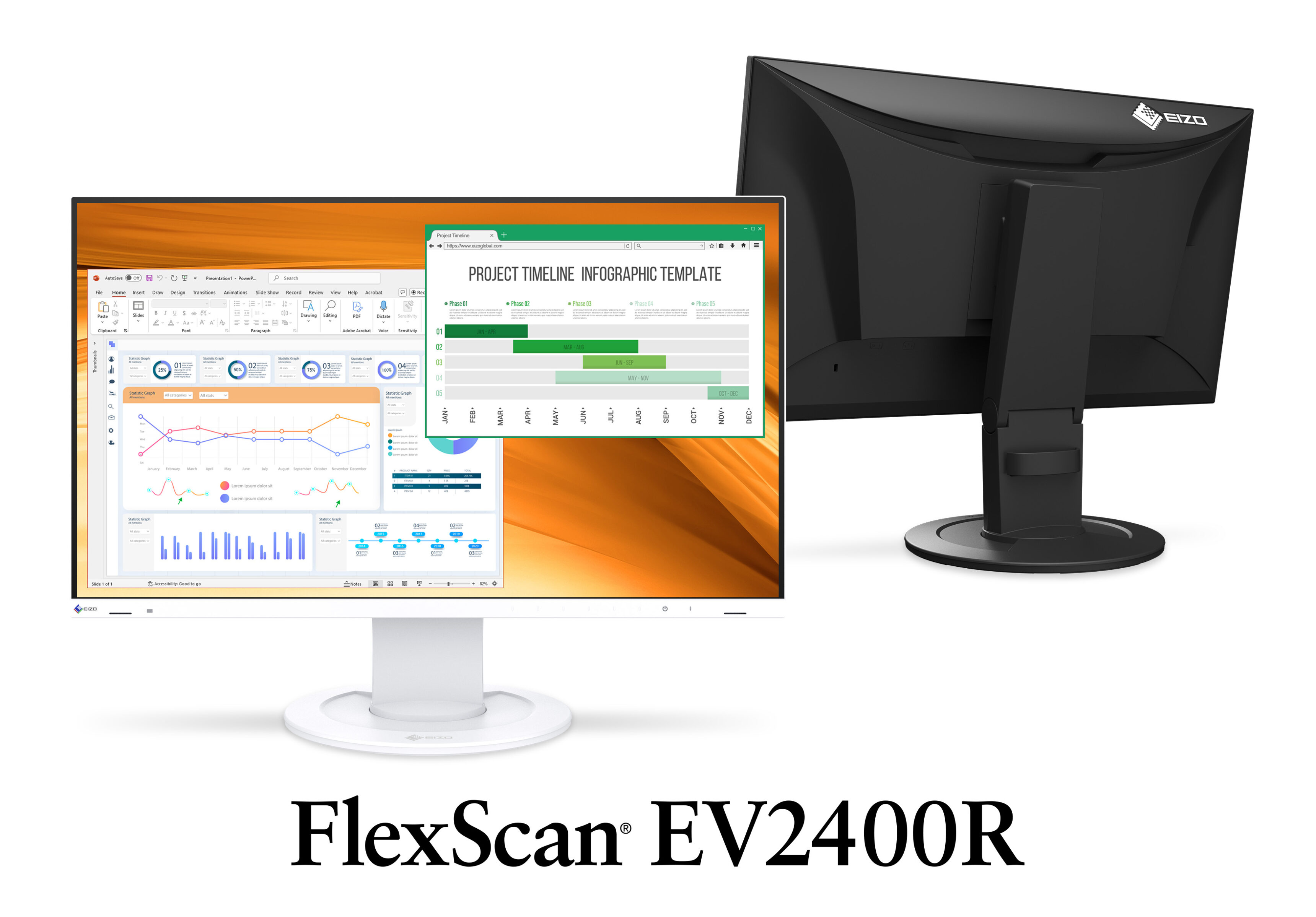 EIZO FlexScan EV2400R w białej i czarnej obudowie z zachowanym podpisem modelu