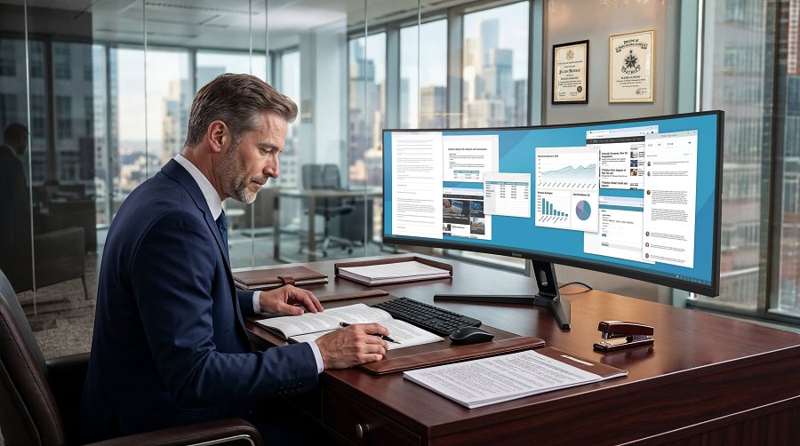 Ultraszeroki monitor iiyama ProLite XCB4994DQSU na biurku z kilkoma otwartymi aplikacjami