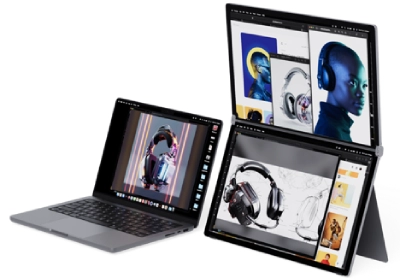 ALOGIC Folio Duo showing two vertically stacked portable displays connected beside a laptop.