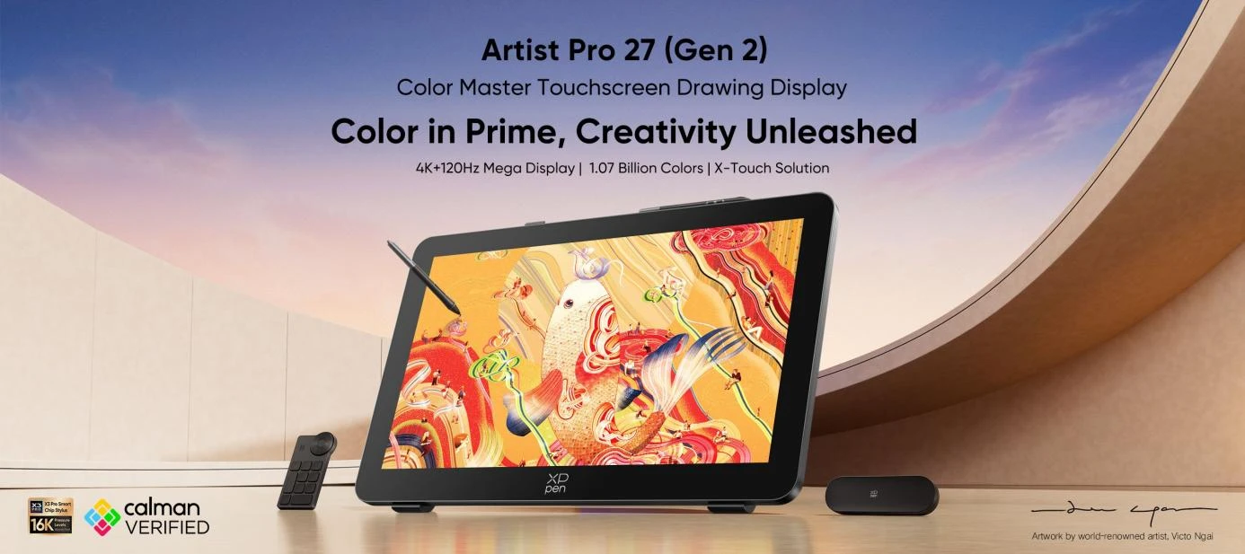 XPPen Artist Pro 27 Gen 2 with two pen accessories, shortcut remote and Victo Ngai artwork, shown in the original promotional image.