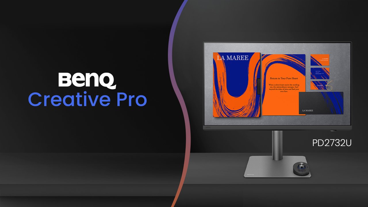BenQ PD2732U z projektem graficznym na ekranie i oryginalnym oznaczeniem Creative Pro