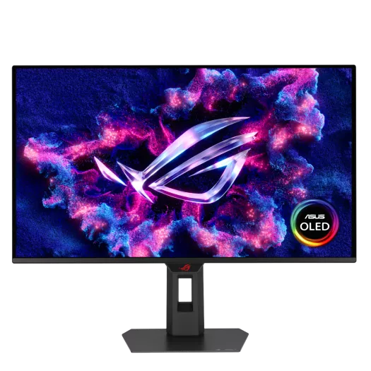 Front view of the ASUS ROG Strix OLED XG27ACDMSR with its original ROG and ASUS OLED screen graphics
