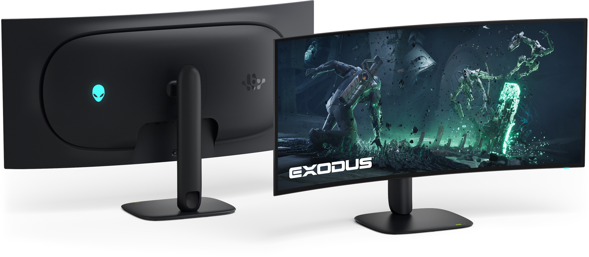 Front and rear views of the Alienware AW3926QW, with the original Exodus artwork retained.