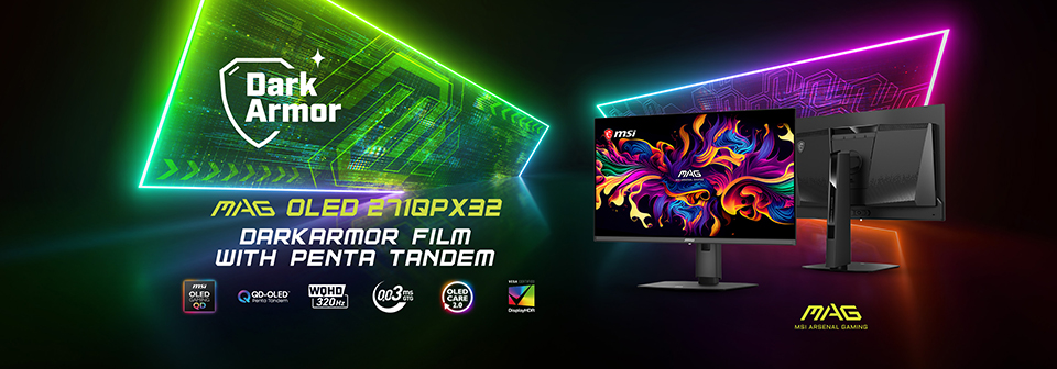 MSI MAG OLED 271QPX32 launch graphic with the monitor, Penta Tandem and DarkArmor labels.