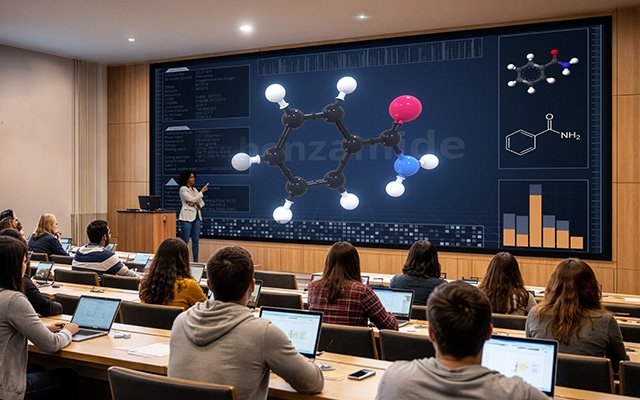 An indoor LED display showing a molecular diagram in a lecture-room setting
