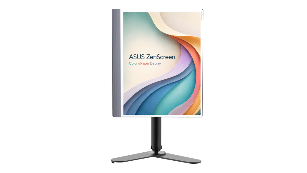 ASUS ZenScreen Color ePaper display in portrait orientation on its stand.