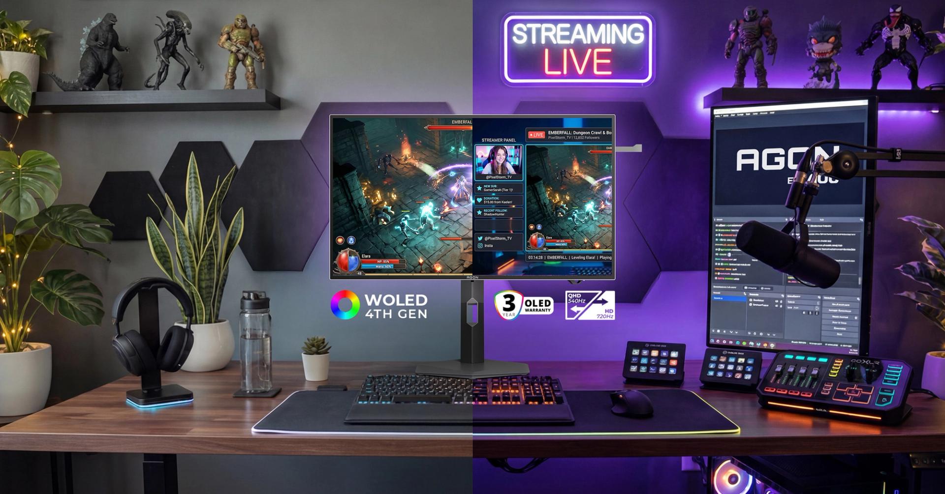 AGON PRO AGP277QKDC na stanowisku do gier i streamingu