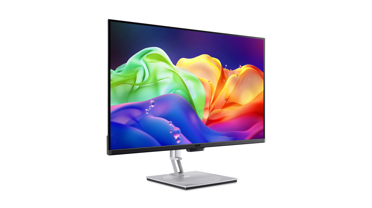 Acer ProDesigner PE320QK G0 monitor with its silver stand and colourful abstract screen image.