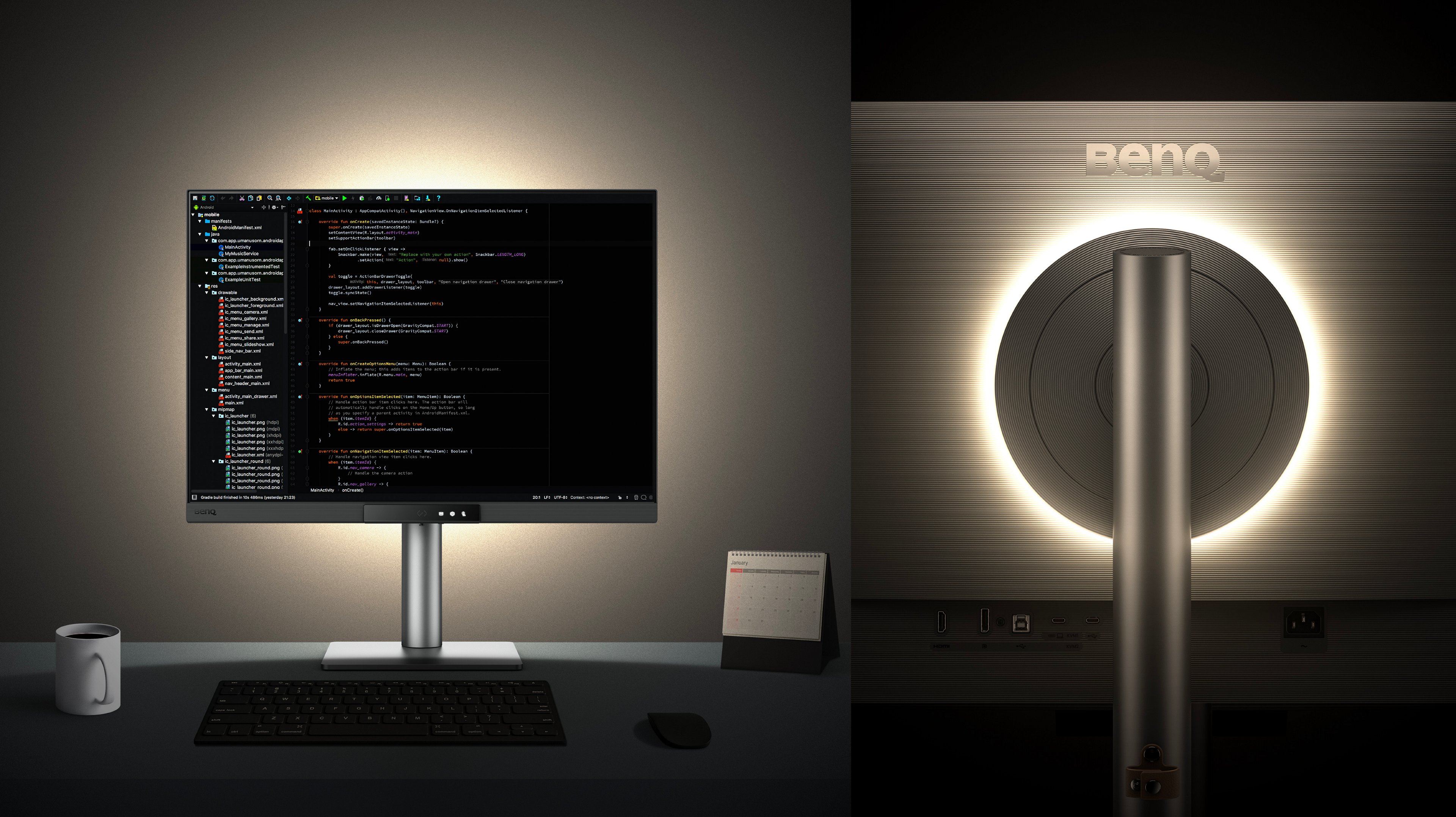 BenQ RD280UG shown from the front with programming code and from the rear with MoonHalo lighting.