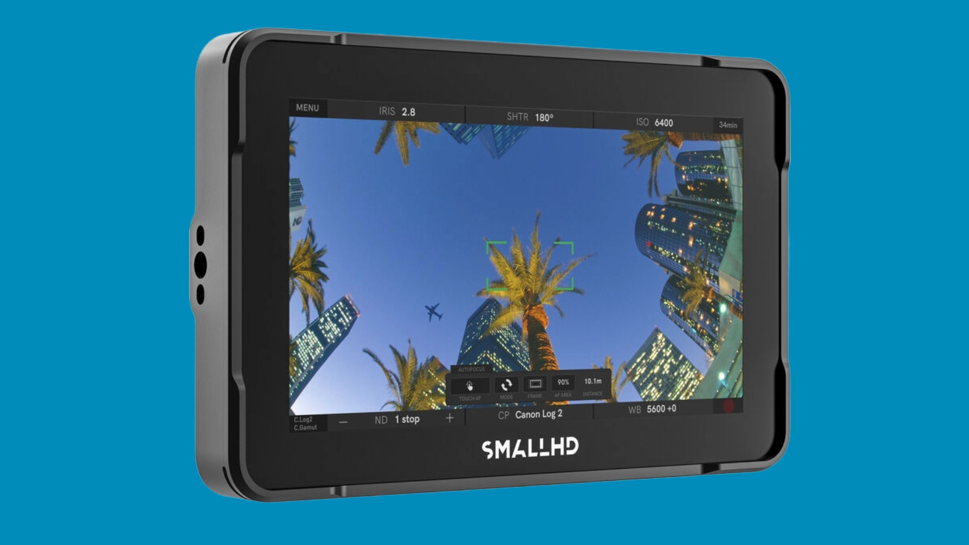 SmallHD Focus 504 monitor shown from the front on a blue background, retaining its original screen interface and logo