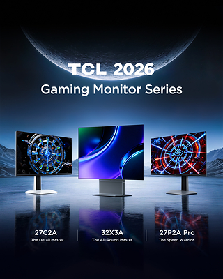 TCL promotional poster showing the 27C2A, 32X3A and 27P2A Pro gaming monitors with their original model labels.