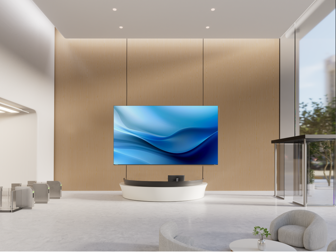 ViewSonic LDE display above a reception desk in a spacious lobby