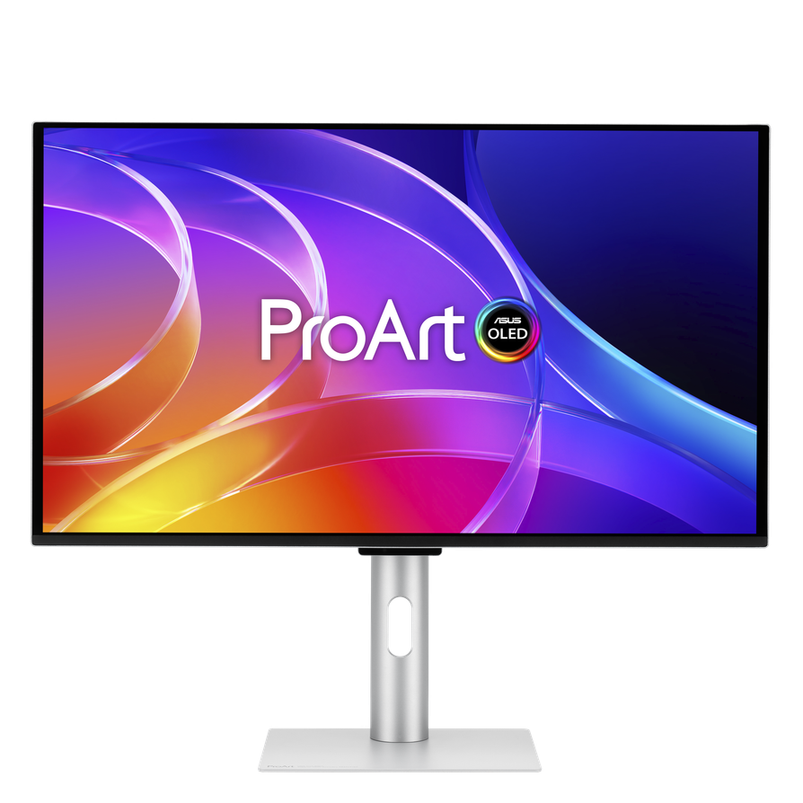 Front view of the ASUS ProArt Display OLED PA27UCDV on its silver stand