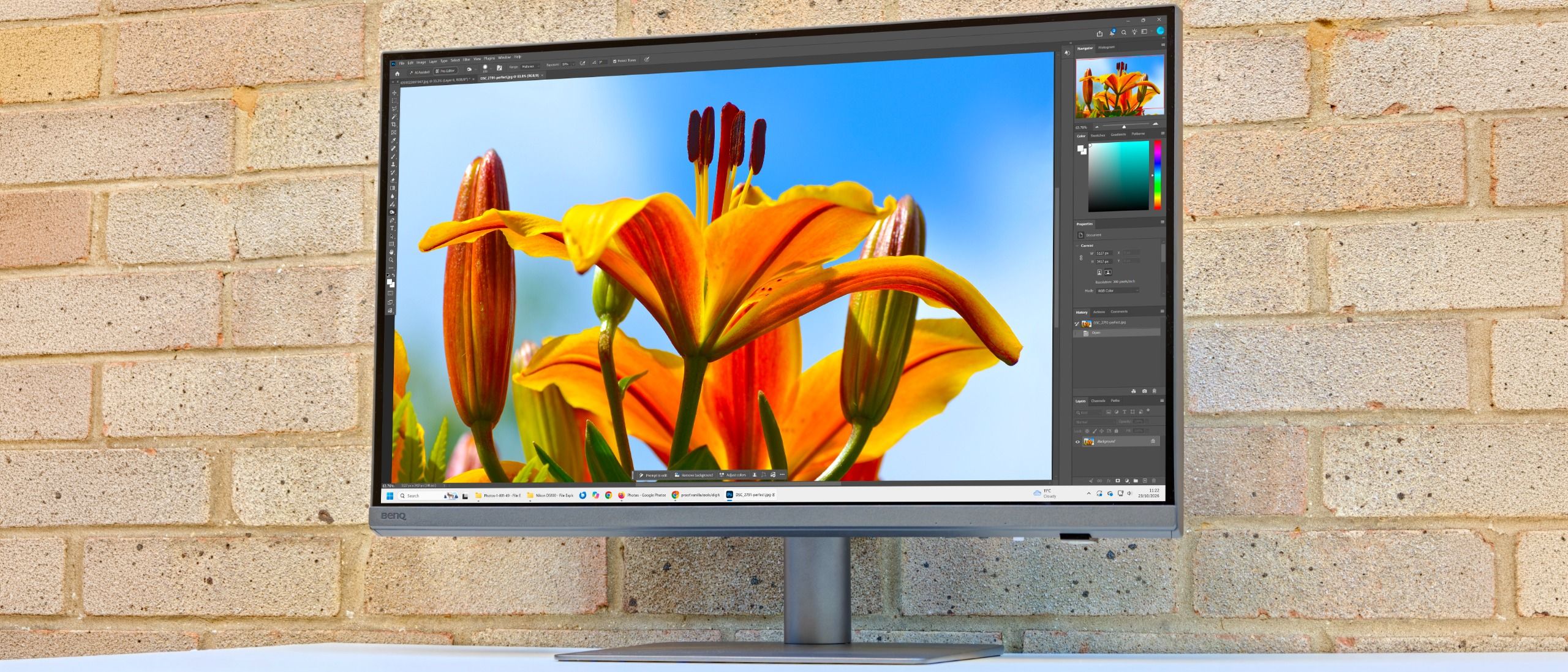 BenQ Creative Pro PD2732U displaying a flower photograph in an editing application, as photographed by Digital Camera World
